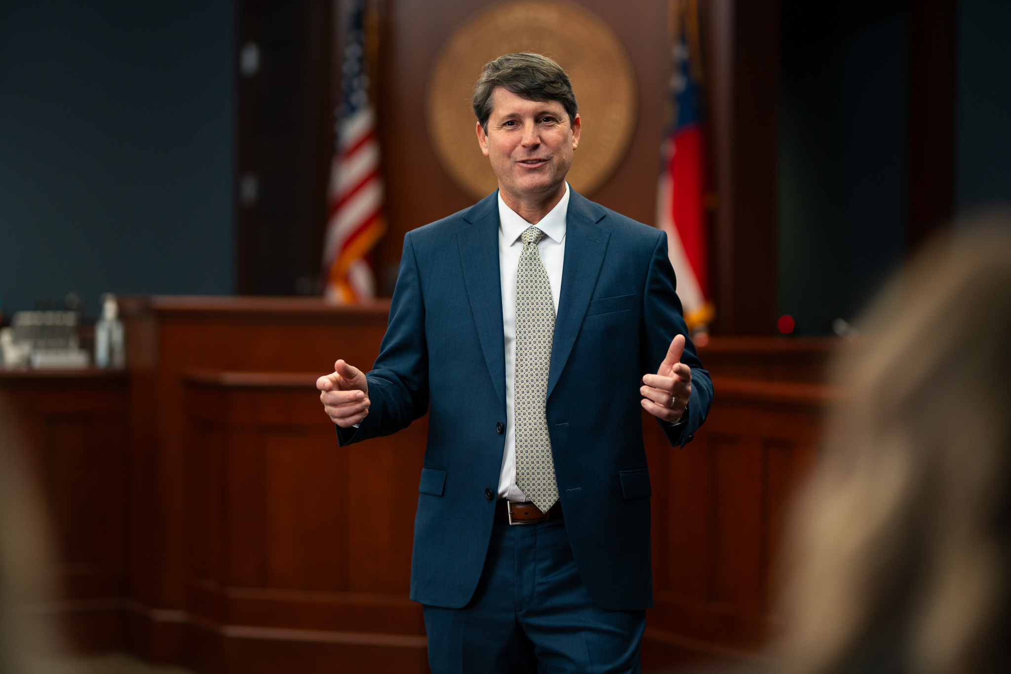 Carrollton car accident attorney Met Lane representing a client in court